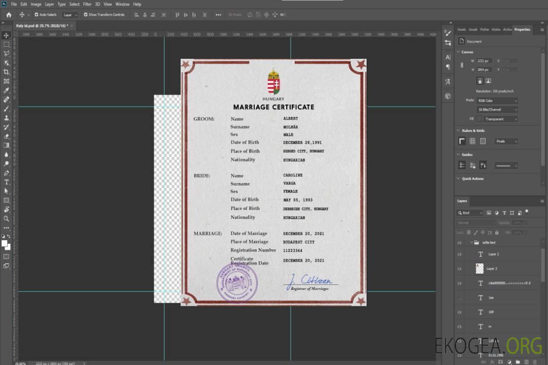 Modèle PSD de certificat de mariage en Hongrie template